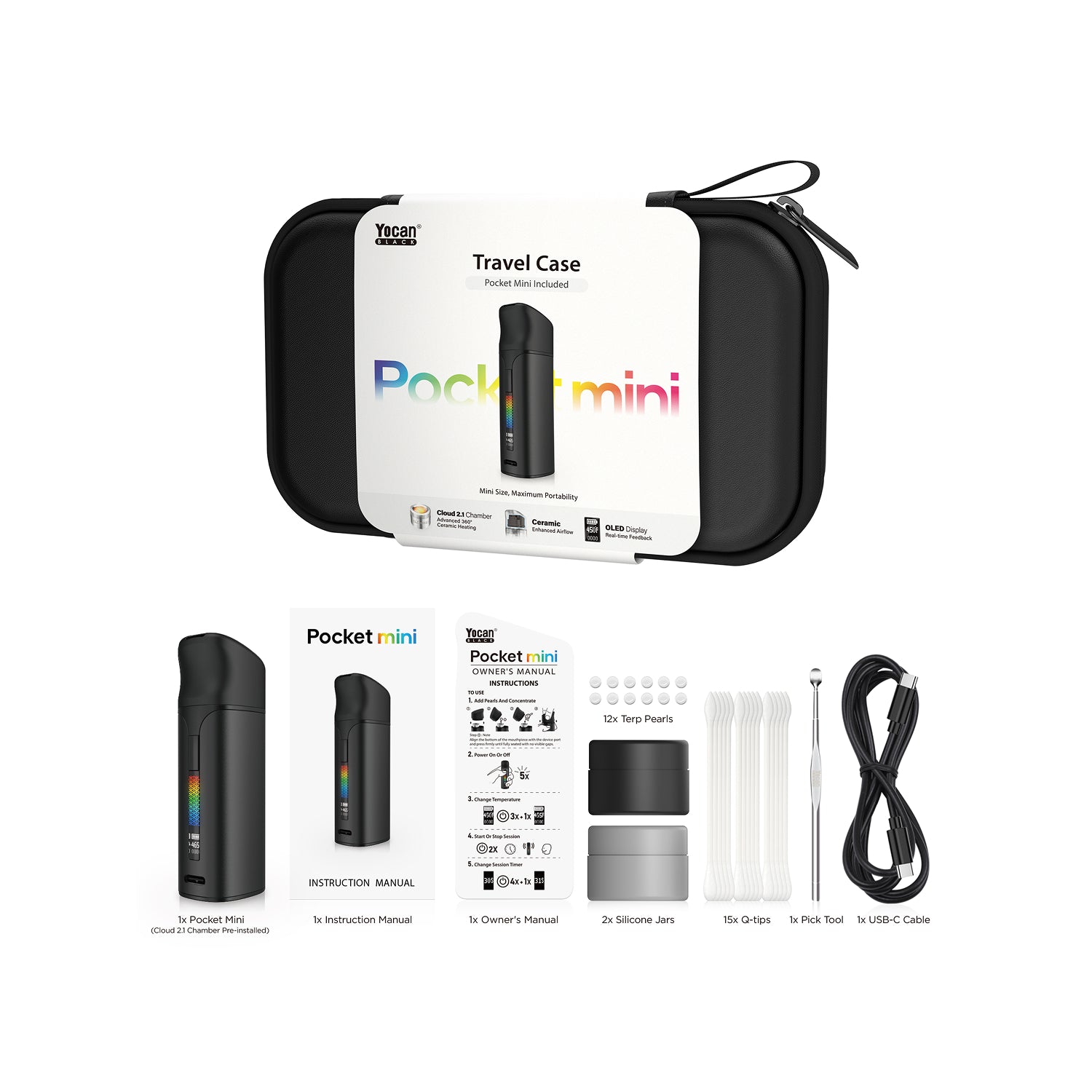 Yocan Black Pocket Mini Full Travel Kit - what's in the box